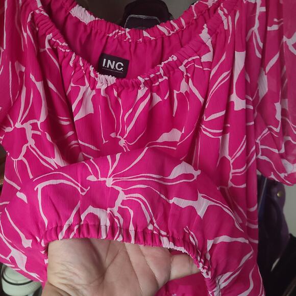 INC International Concepts Pink & White Floral Print Peasant SS Blouse XL - Picture 3 of 9